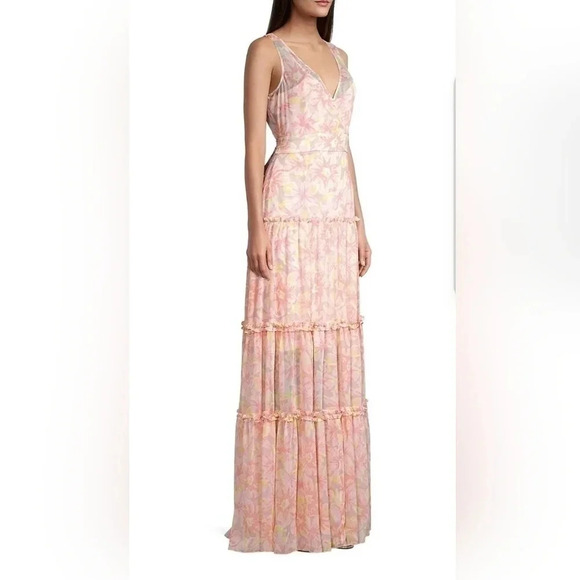 LIKELY Womens‎ Size 0 Rachel Floral V-Neck Tiered Ruffle Maxi Dress $278 Peach - Picture 2 of 12